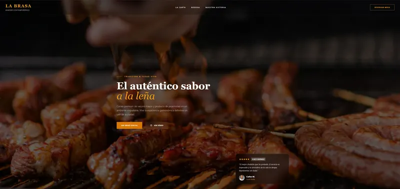Diseño de ejemplo para un restaurante con carta digital y botón de reserva de mesa por WhatsApp
