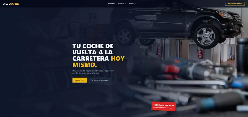 Diseño de ejemplo para un taller mecánico con botón de llamada rápida y solicitud de presupuesto de reparación